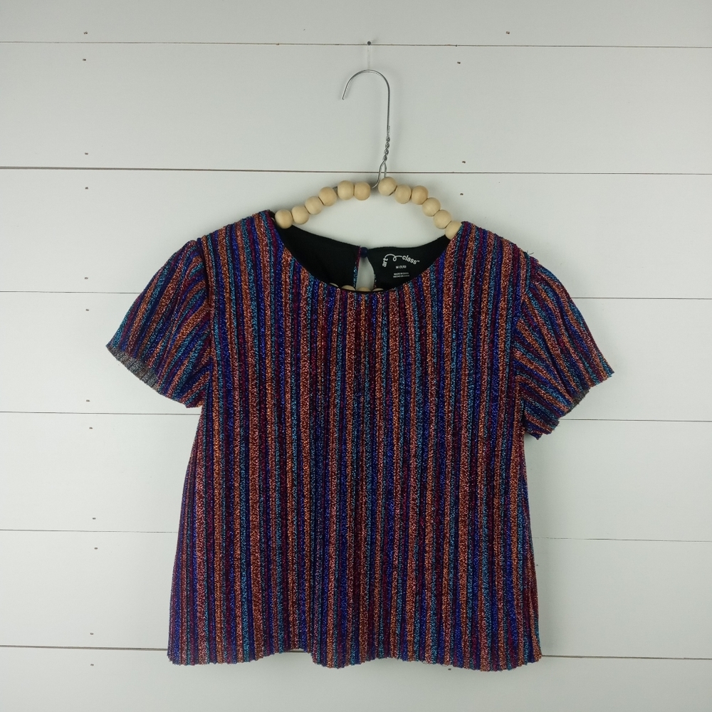 art class girls size 7-8 sparkle vertical stripe crinkle fabric blouse bright